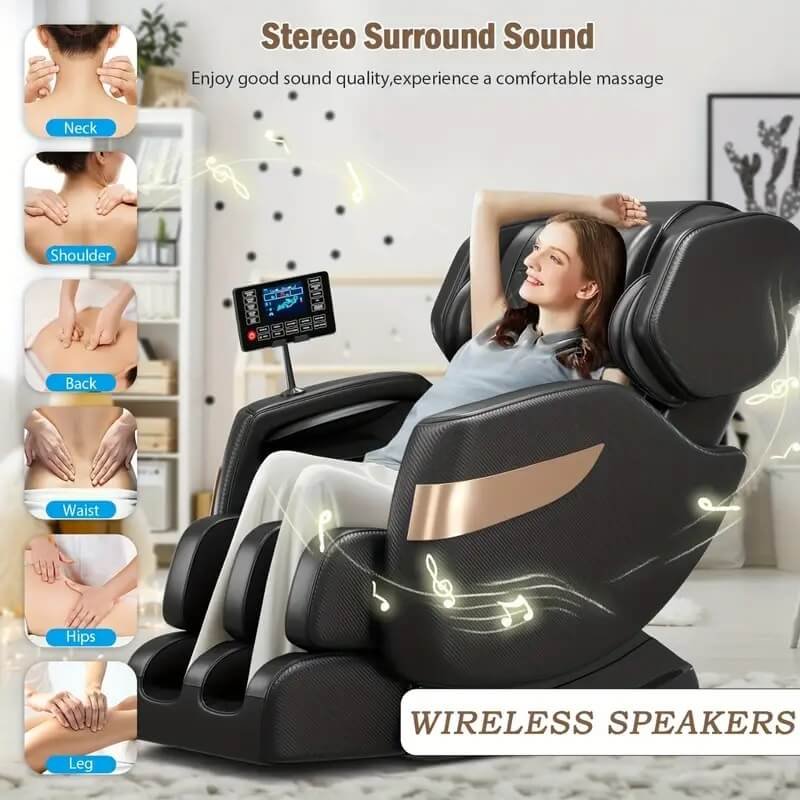 Woman relaxing in zero gravity full body massage chair with heating function and a lot more features.